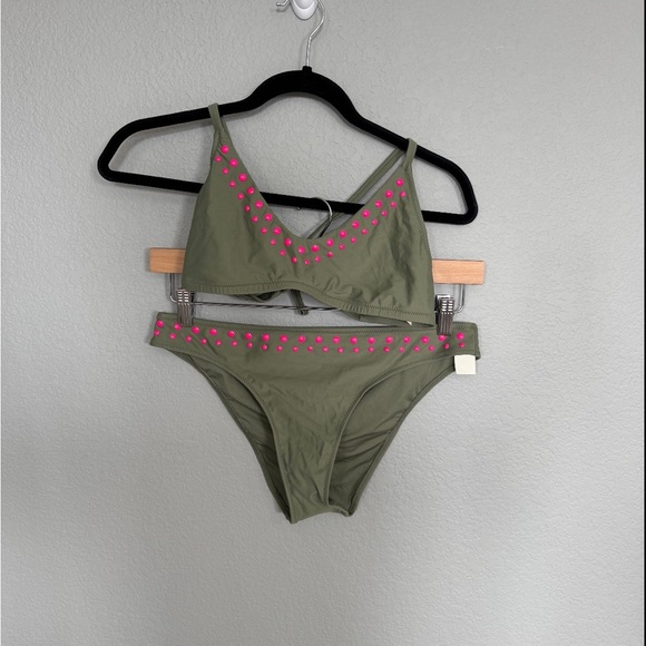 aerie Other - Aerie Green and Pink Bikini Set with V-Neck Design